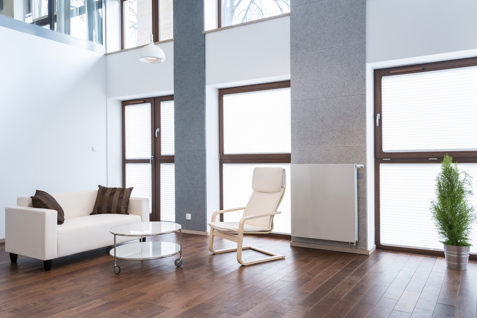 Spacious living room with white sofa